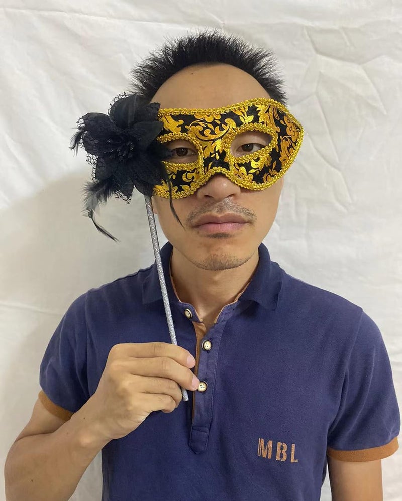 AZYOUNG Woman's Christmas Halloween Black Purple Red White Feather Flower Plastic Masquerade Mask on Stick,(Black) - Image 3